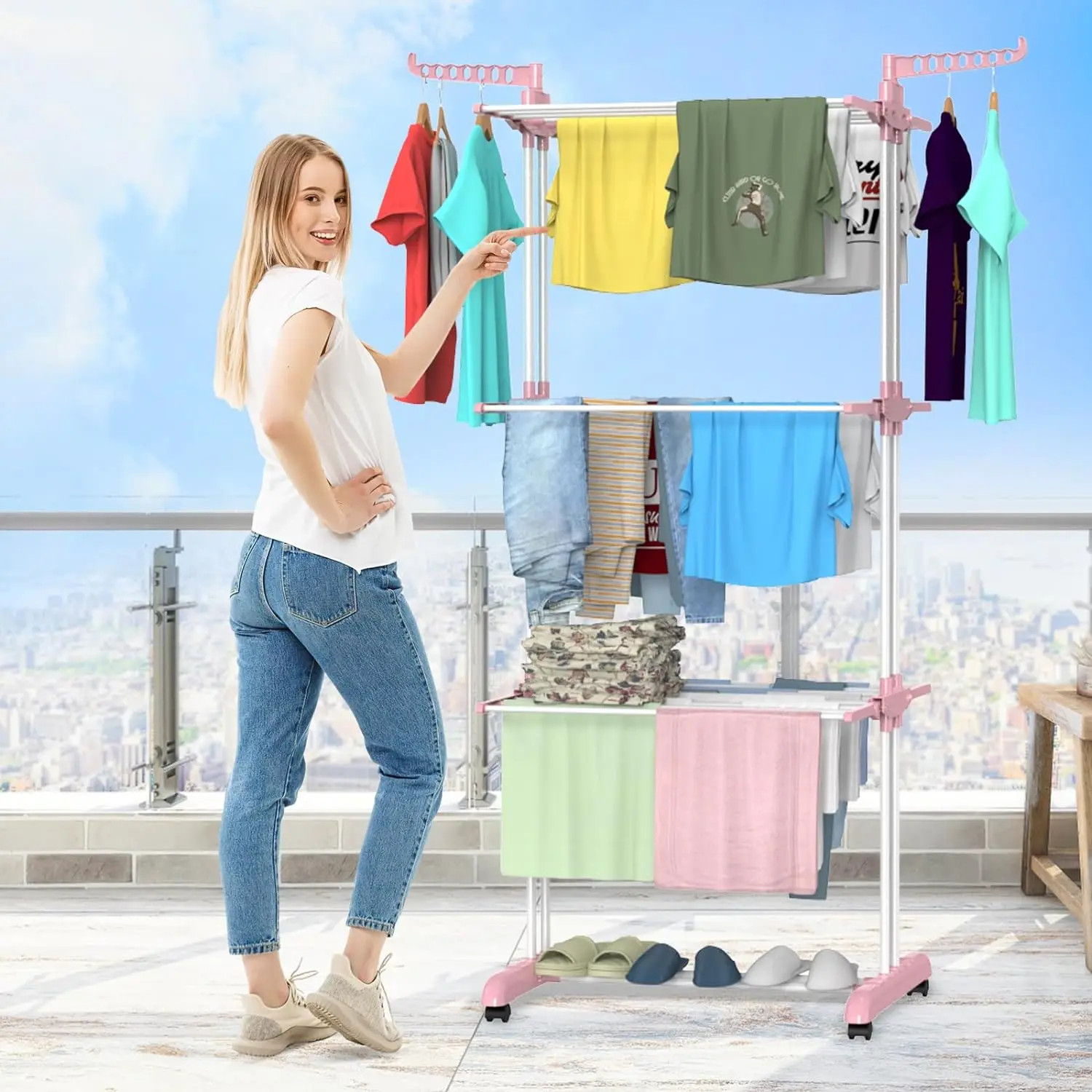 Innotic Drying Rack Floor-Standing Household Clothes Drying Cool Balcony Home Baby Clothes Quilt Rack 4-Tier Foldable Hanger