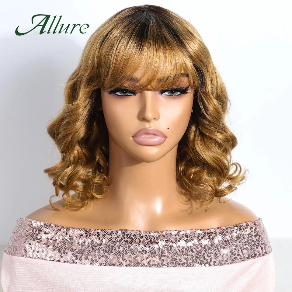 Brazilian Body Wave Human Hair Wigs for Women 12 inch Honey Blonde Colored Short Cut Hair Bob Wig With Bangs 180% Density Allure