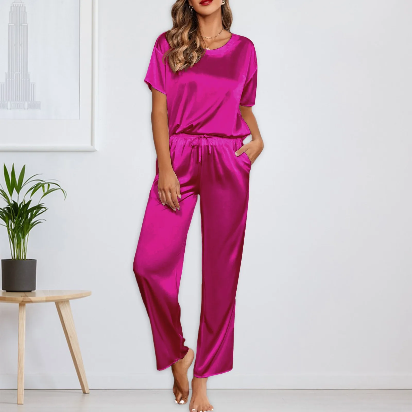 Sexy Satin Silk Solid Women Pajamas Elegant Round Neck Top Pants Set Casual Female Sleepwear Spring Autumn House Clothes