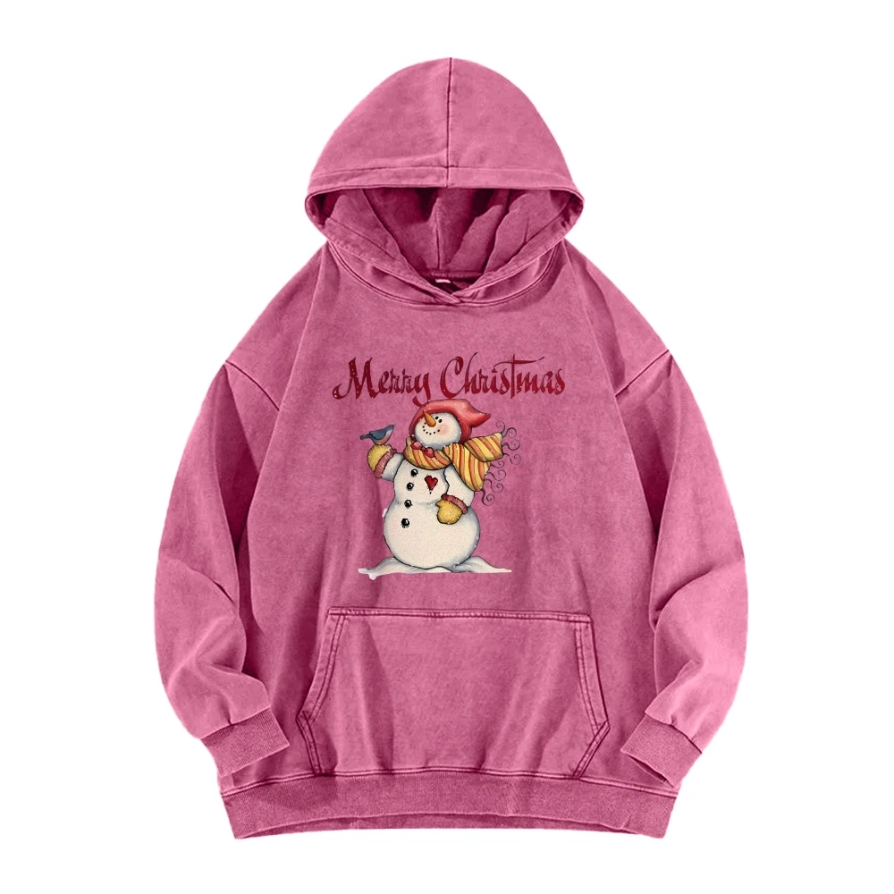 Merry Christmas Snowman Chic Washed Hoodie Top Festive Snowman Sweatshirt Holiday Gatherings Fashionable Sweater Pullovers