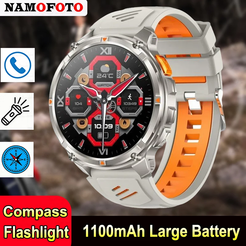 

New Smartwatch 1100mAh Large Battery LED Flashlight Outdoor Compass BT Calling Men Multi-Sports Health Tracker Smart Watch
