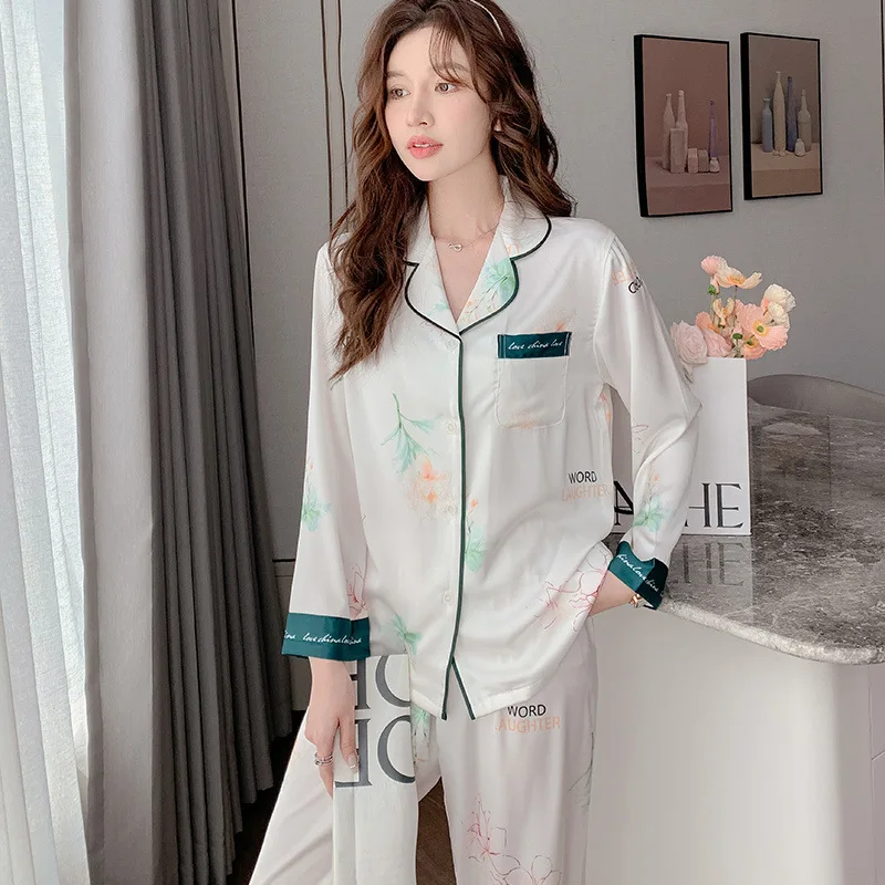 Pajamas Women's 2024 New Spring and Summer Ice Silk Jacquard Silk Long Sleeve Home Clothes suit Spring and Autumn Thin M-2XL