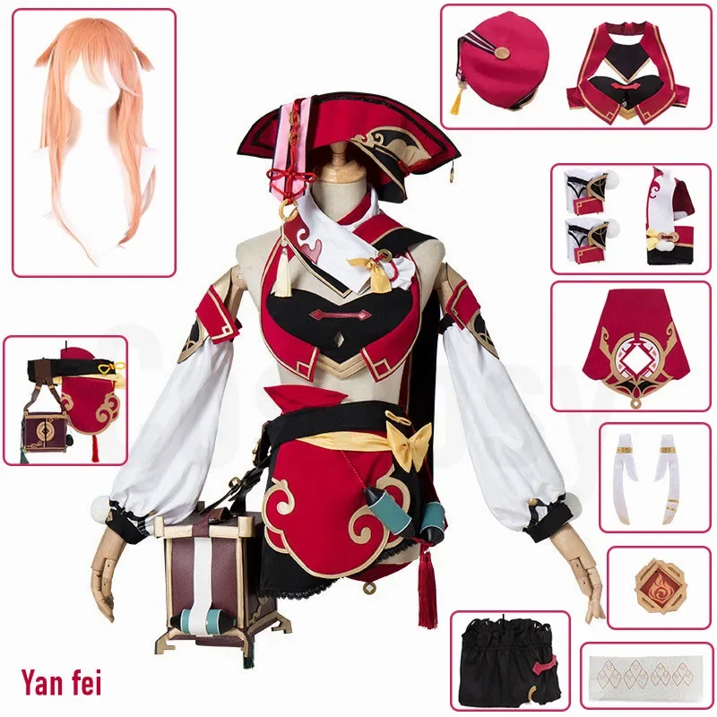 Genshin Impact Yanfei Dress Game Suit Uniform Yan Fei Cosplay Costume Wig Hat Horns Bag Props Halloween Party Silky Outfit