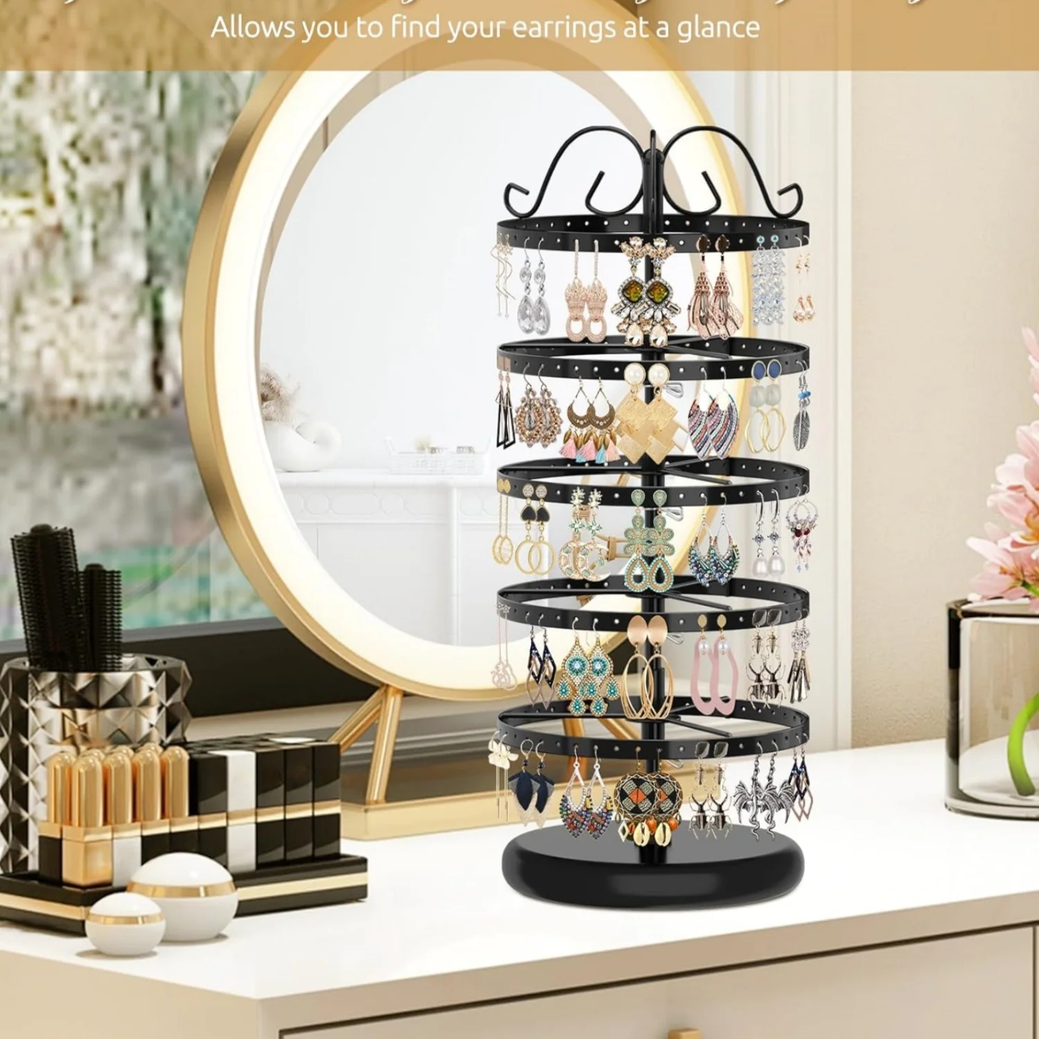 5 Tiers Metal Rotating Earring Holder Organizer Stand Adjustable Display Tree, 220 Holes Large Carousel Rack for Stud Hoop