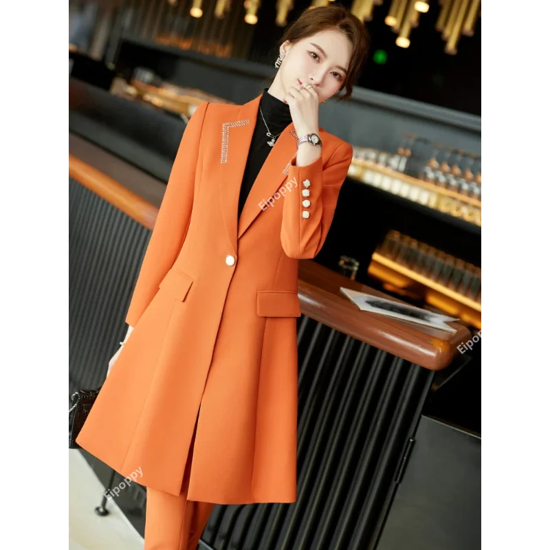 Women Long Formal Blazer pants Sets  Khaki Orange Female Office Ladies Jacket And Trouser 2 Pieces Work Business Wear Pant Suit