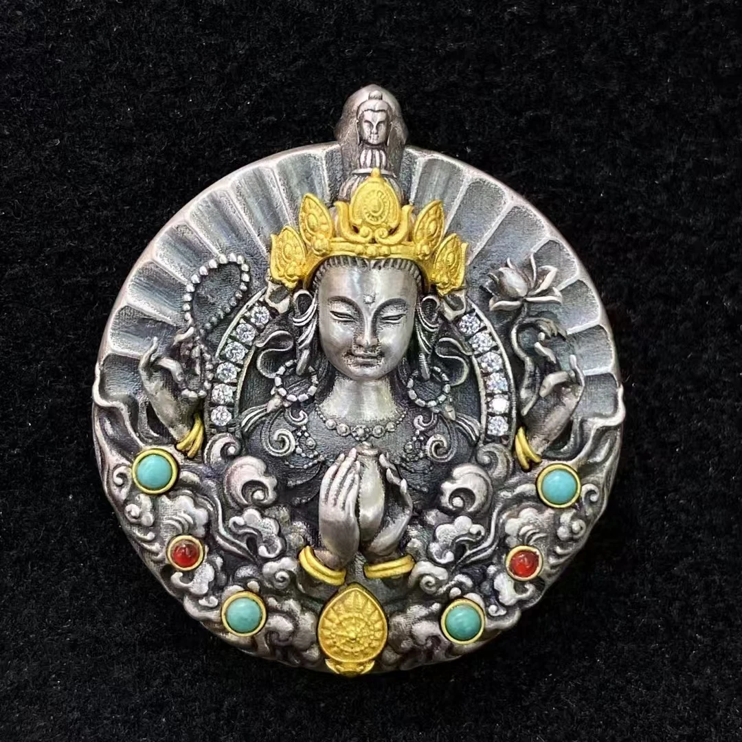 Precision inlay Silver Green Tara Four Armed Guanyin Bodhisattva The Yellow God of Wealth Pendant Tibetan diy for Necklace