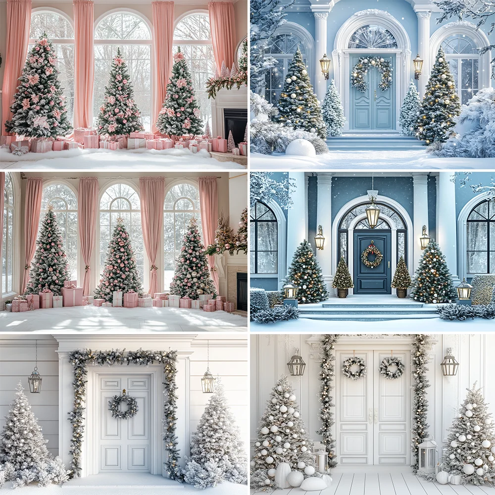 

Christmas Red Curtains Backdrops Xmas Trees Glitter Light Window Backgrounds For Photographs Shooting Props Photo Wall