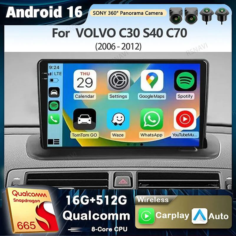 Radio para Auto con Android 16 y Qualcomm Carplay para VOLVO C30 S40 C70 2006-2012, Reproductor Multimedia de Video, Navegación GPS, Unidad Principal Estéreo con Bluetooth