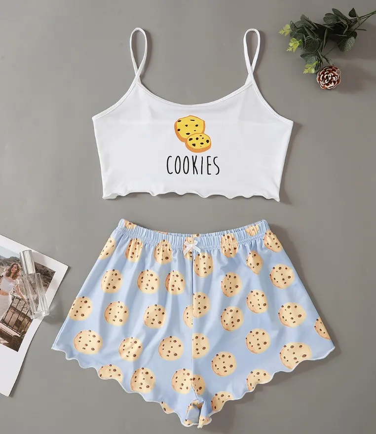   Ensemble pyjama décontracté pour femmes, vêtements de maison, écharpe imprimée, vêtements confortables, idéal pour l'été