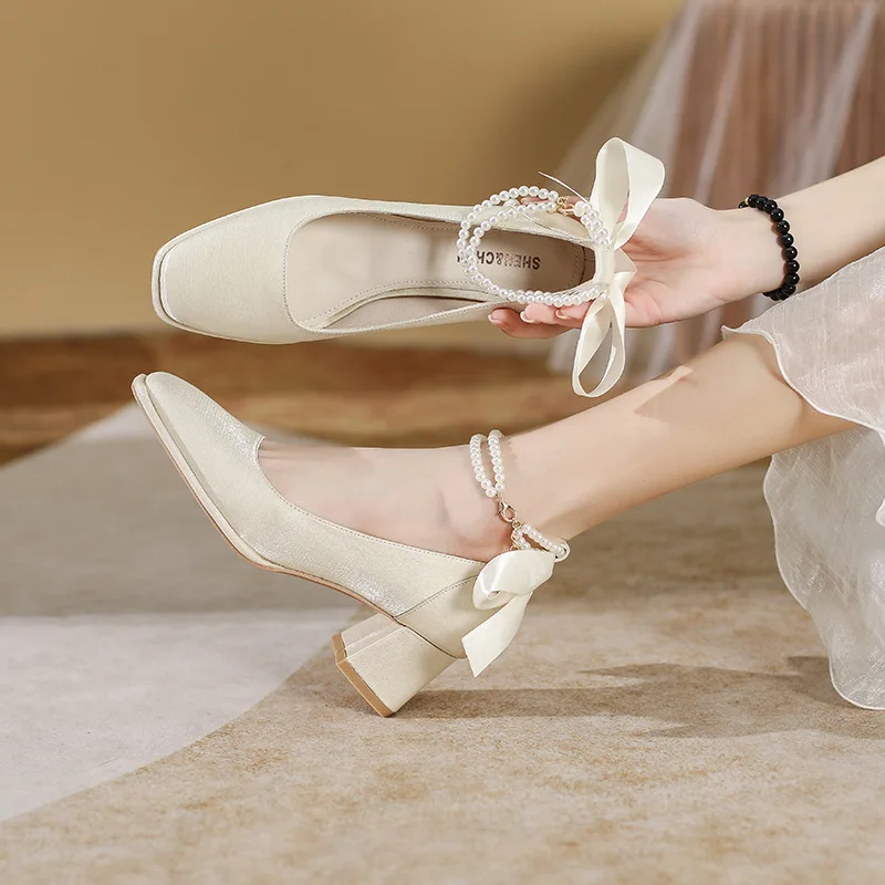 

2026 New Women's Shoes Sweet Style Square Head High Heels for Woman Elegant French Casual Shoes Designer Shoes Zapatos De Mujer