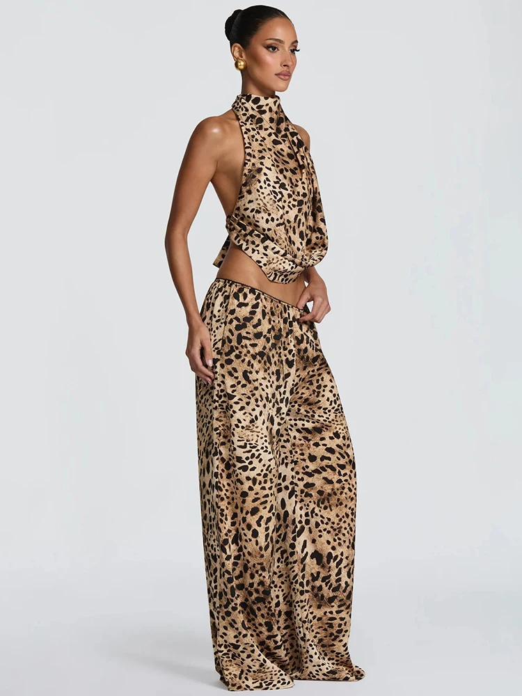Conjunto de 2 piezas con estampado de leopardo Sisterlinda para mujer, top halter sin espalda con tiras + pantalones de pierna ancha, trajes de moda urbana