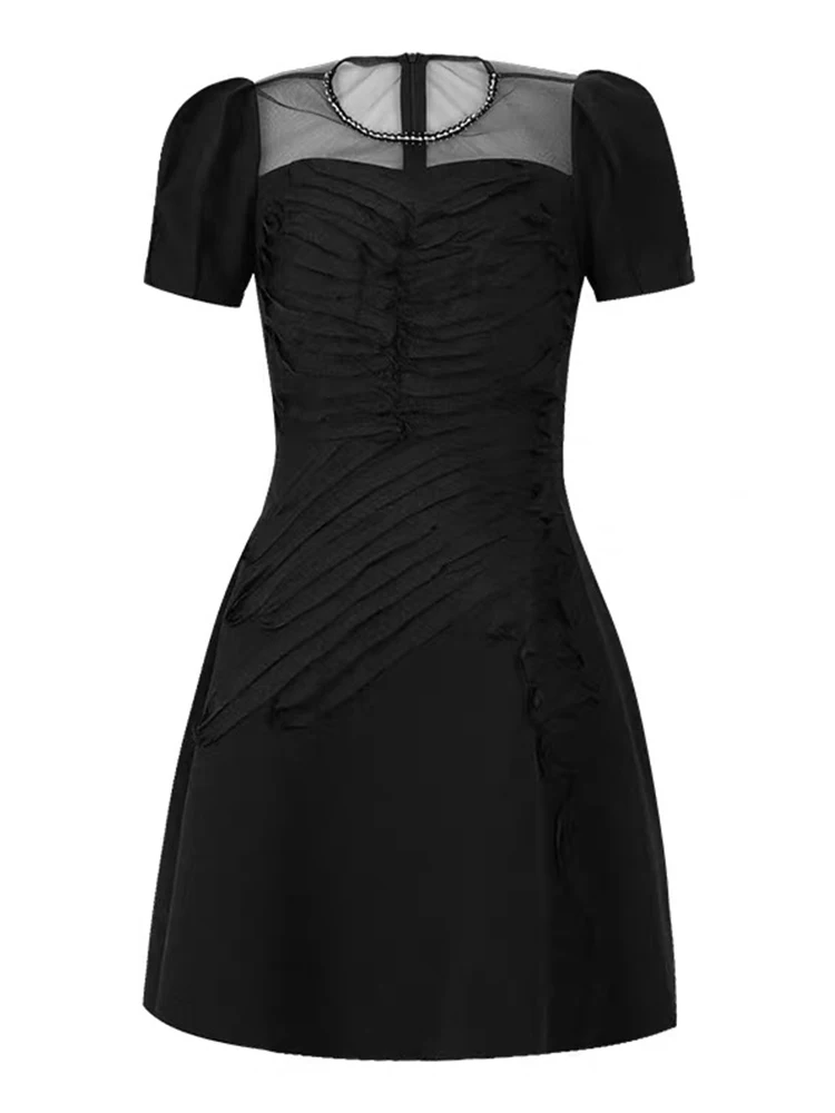 Robe de soirée noire décontractée pour femmes, vêtements élégants, col rond, mince, courte, ligne A, transparent, sexy, fête, Rh, éducatif, été, mode