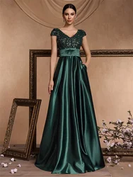 Lucyinlove Elegant V Neck Green Sequin Evening Dress Long 2024 Luxury Women Satin Short Sleeves Party Dress Prom Cocktail Dress