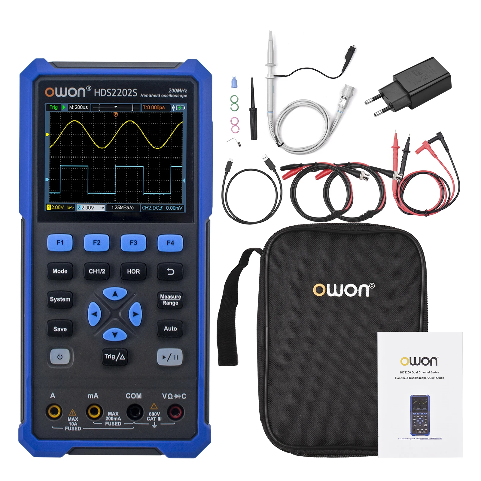 OWON HDS2202S 3 in 1 Handheld Digital Oscilloscope Multimeter Waveform Generator 200MHz 1GSa/s Dual Channels Oscilloscope True R