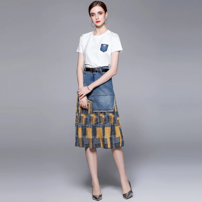 2022 Zomer Jeans Rok Pak Vrouwen Nieuwe T-shirt Met Riem Kwastje Retro Printing Mid Calf Denim Rok 2 Delige Set outfits Vrouwelijke