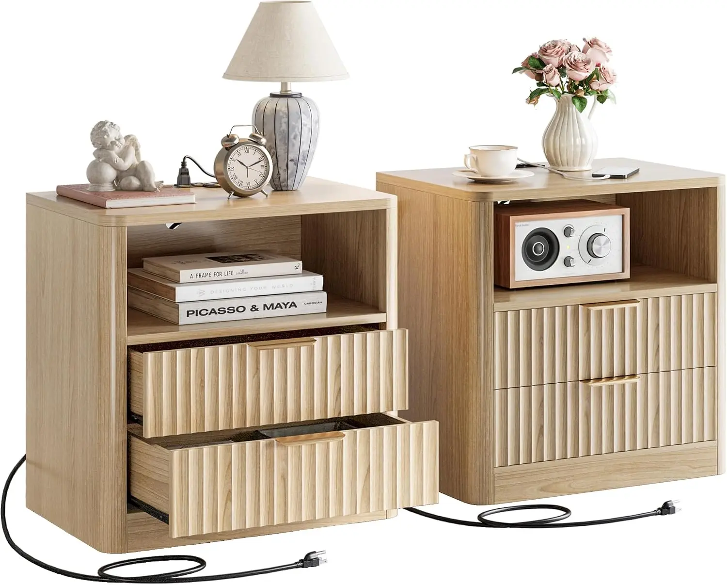 Fluted Night Stand Set of 2, Modern Nightstand with Charging Station, Drawers and Open Shelves - Bedside Table Wood Side Table