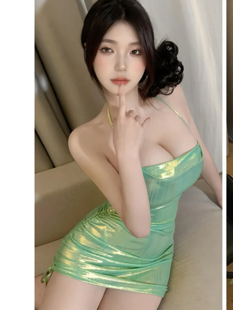 Jabłkowozielona Słodka Wąska Damska Mini Sukienka Kołnierz Stosowany PU Sznurek Wysoki Stan Gorące Seksowne Sukienki Koreańskie Damskie Top Anchor LIH7