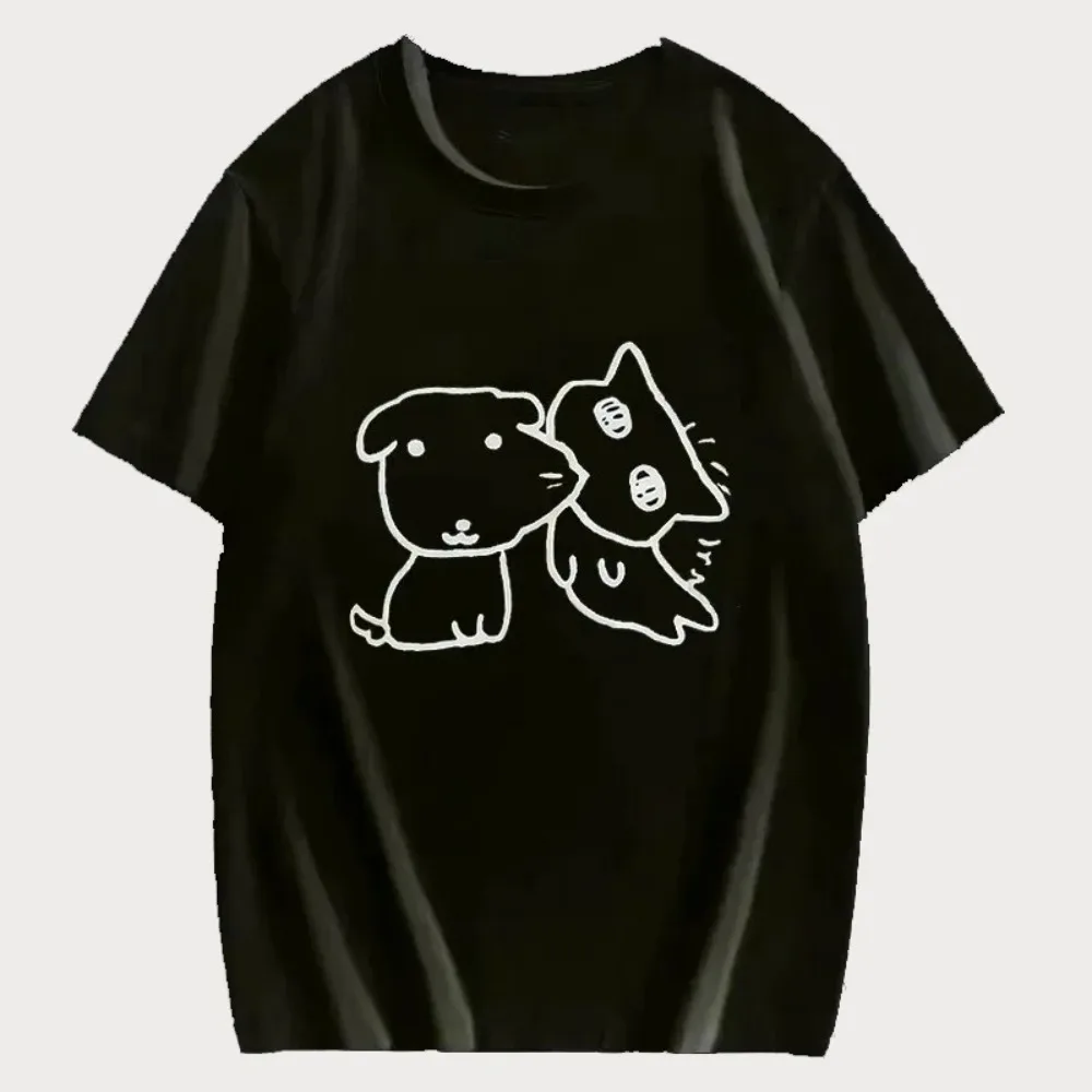 Niedliches T-Shirt mit einfacher Linienzeichnung von Hund und Katze für Damen, weiches O-Neck-Shirt, Alltags-Paar-Top, modische Harajuku Kawaii Y2K Kleidung – Detail 7