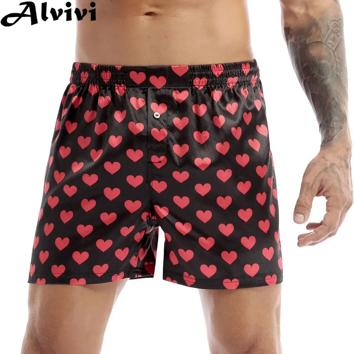 Men Cute Love Heart Print Loose Boxing Trunks Soft Lightweight Beach Shorts Casual Daily Wear Sleepwear Homewear Sportswear