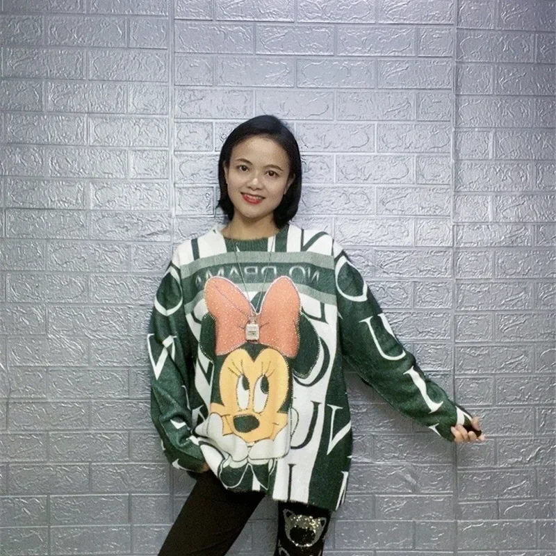 Disney Cartoon Sweaters for Women Retro Minnie Mouse Embroidery Knitted Clothes Winter Thick Coat Kawaii Oversize Clothing