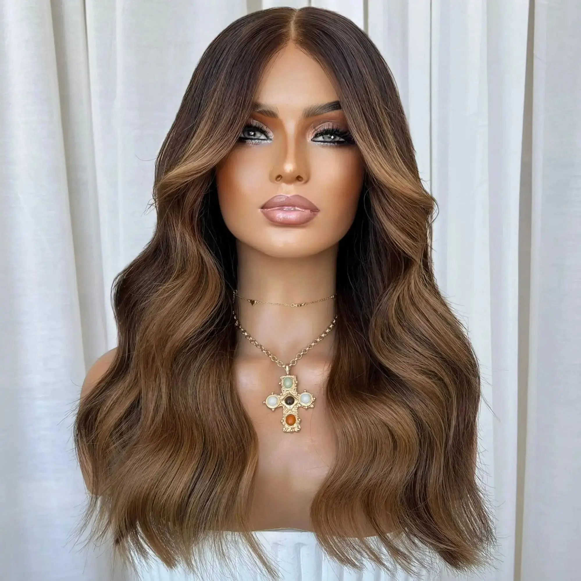 High Quality Wig Ombre Dark Brown Highlights Synthetic Lace Front Wig Preplucked Hairline Long Loose Wave Women's Wig 22 Inches
