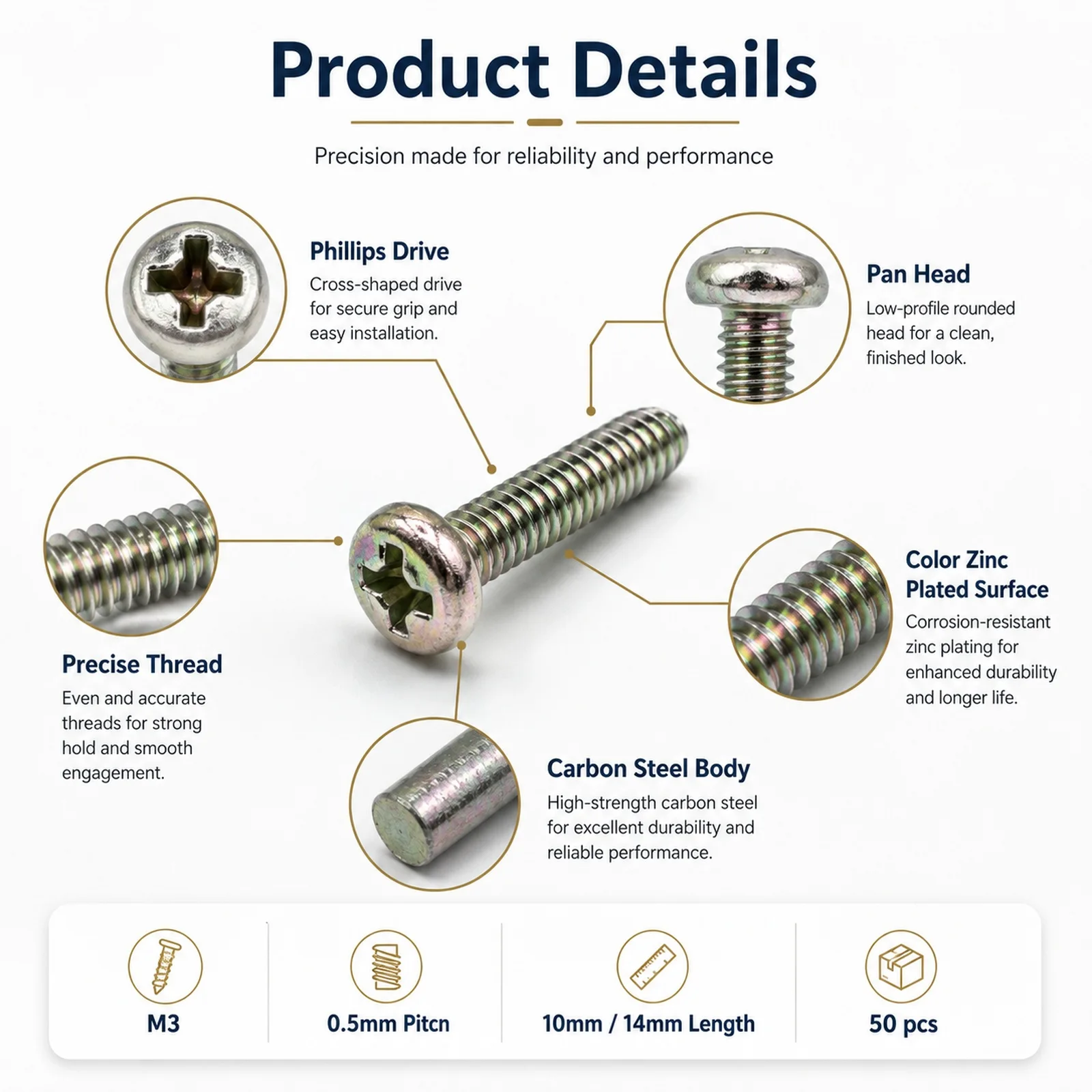 50-150pcs M3 Carbon Steel Zinc Plated Pan Head Screws Cross Recessed 10mm 14mm Machine Bolts Industrial Fastener Set for DIY Pro