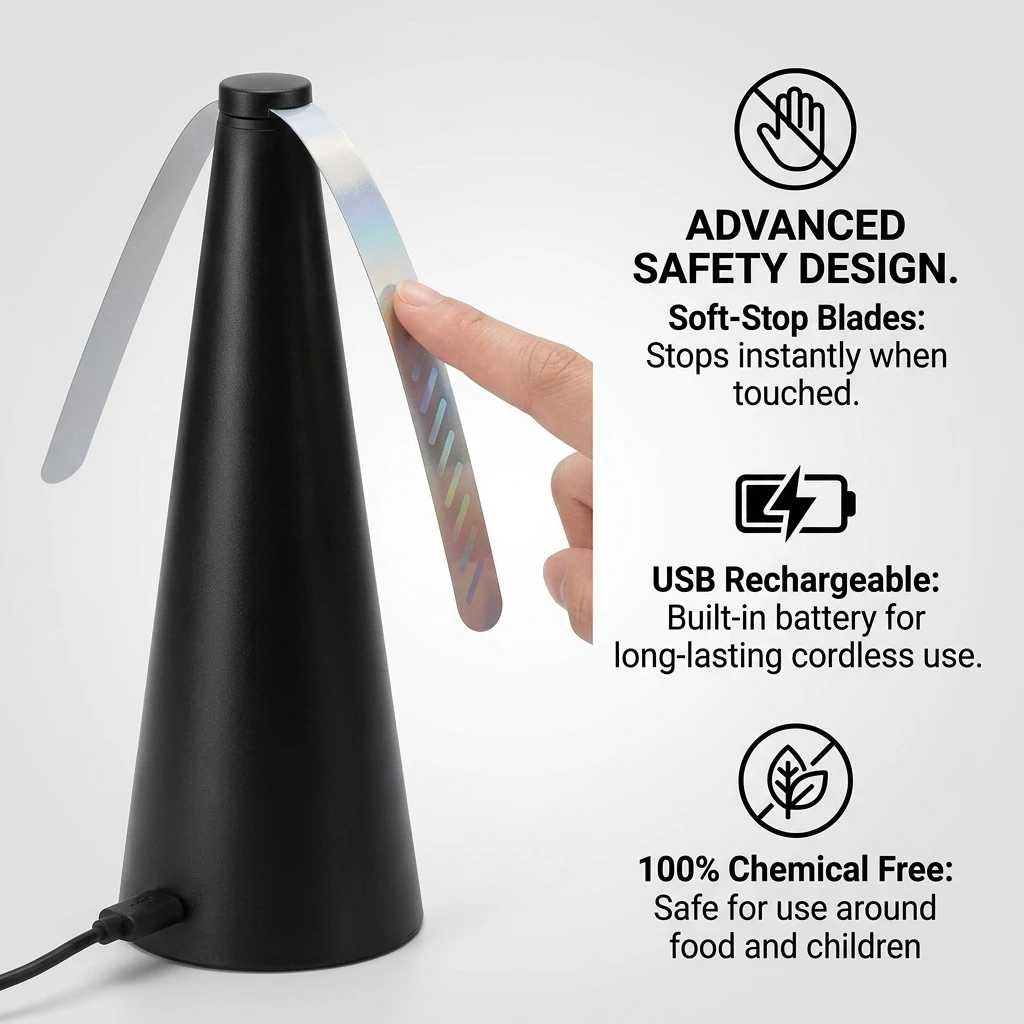 Fly Repellent Fan for Tables Rechargeable Automatic Silent Fly Catcher for Outdoor Picnic and Indoor Dining