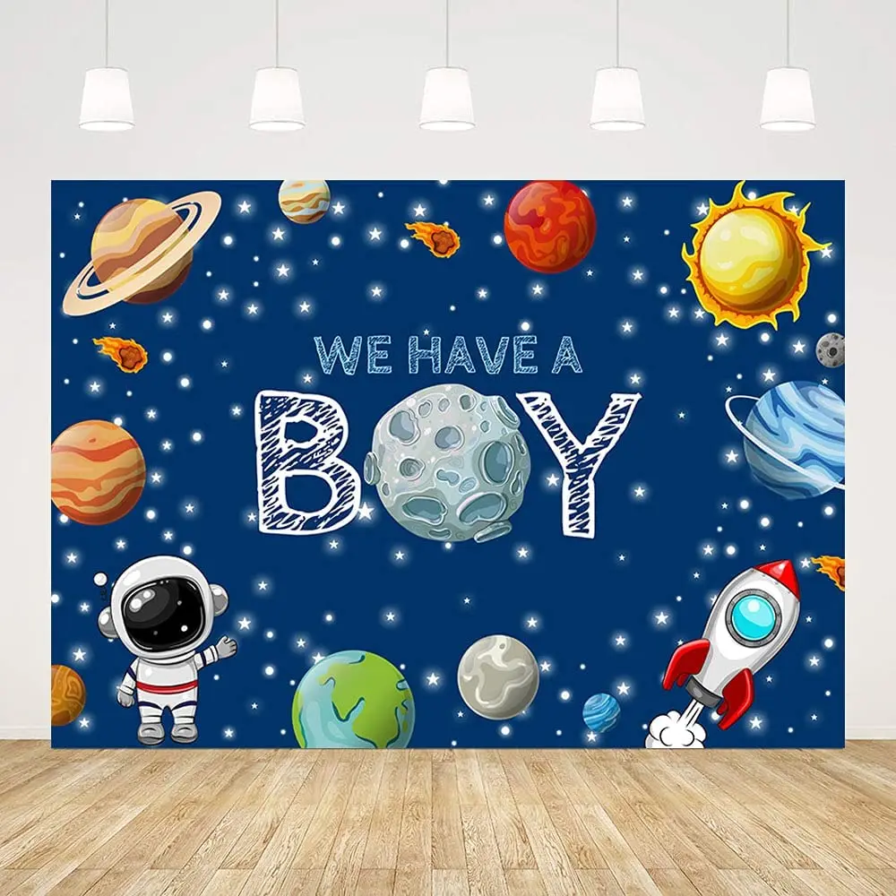 

Outer Space Theme Backdrop For Boy Baby Shower Galaxy Planet Astronaut Rocket Moon Background Wall Decor Banner Props Supplies