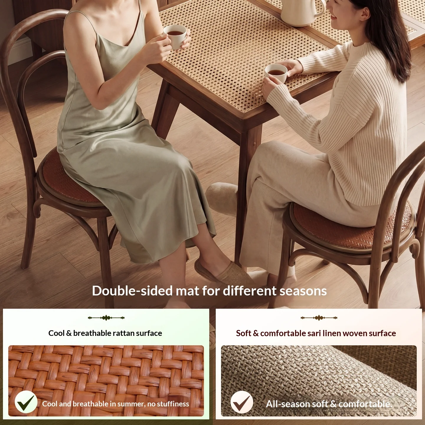 Reversible Rattan Seat Cushion for Dining Chairs, Summer Breathable Wicker Chair Pad, Round Tea Table Cushion with Cool Rattan