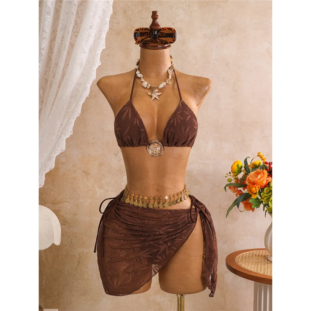 Mit Sarong-Blättern bedruckter Neckholder-Bikini, Damen-Badeanzug, dreiteiliges Bikini-Set, Badebekleidung, Badeanzug, Schwimmanzug V8367 – Detail 20