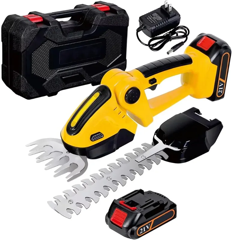 

21V Battery Powered Cordless Hedge Trimmer Electric Brush Grass Shrub Trimmer with Mini Yellow Scissors Handheld 2in1 Cutter