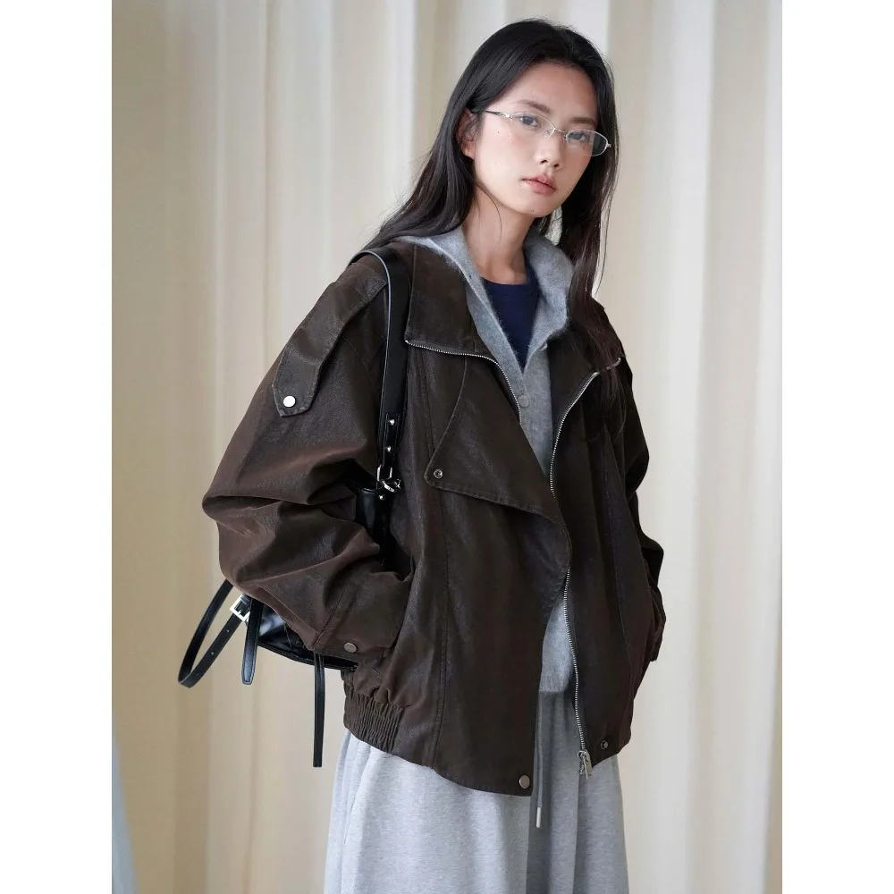 New Retro Fashionable Stand-up Collar Zipper Short Flight Leather Jacket Hem Elastic Coat Female Texture Unique Fashion Simple