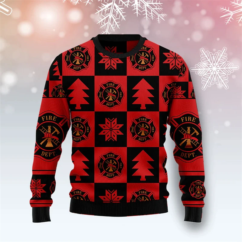 

Fashion Firefighter Graphic Ugly Christmas Sweater Autumn Casual Holiday Wear 3D Printed Sweatshirts Loose Breathable Xmas Tops