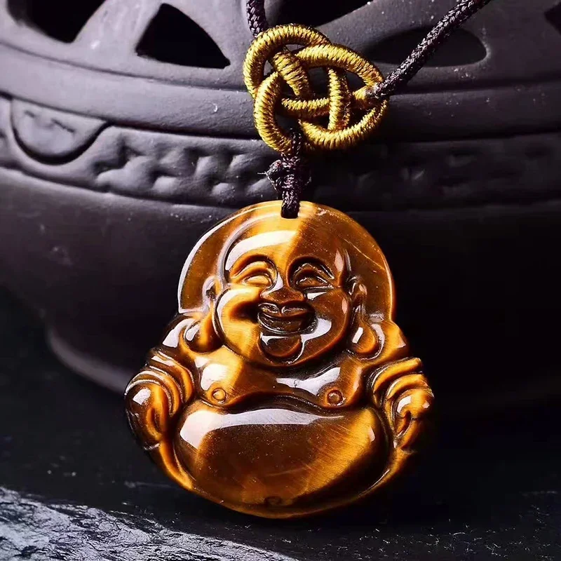 Fashion Jewelry Natural Gems energy Stone Laughing Buddha Pendant Necklace Yellow Tiger Eye Natural Stone Pendant Necklace