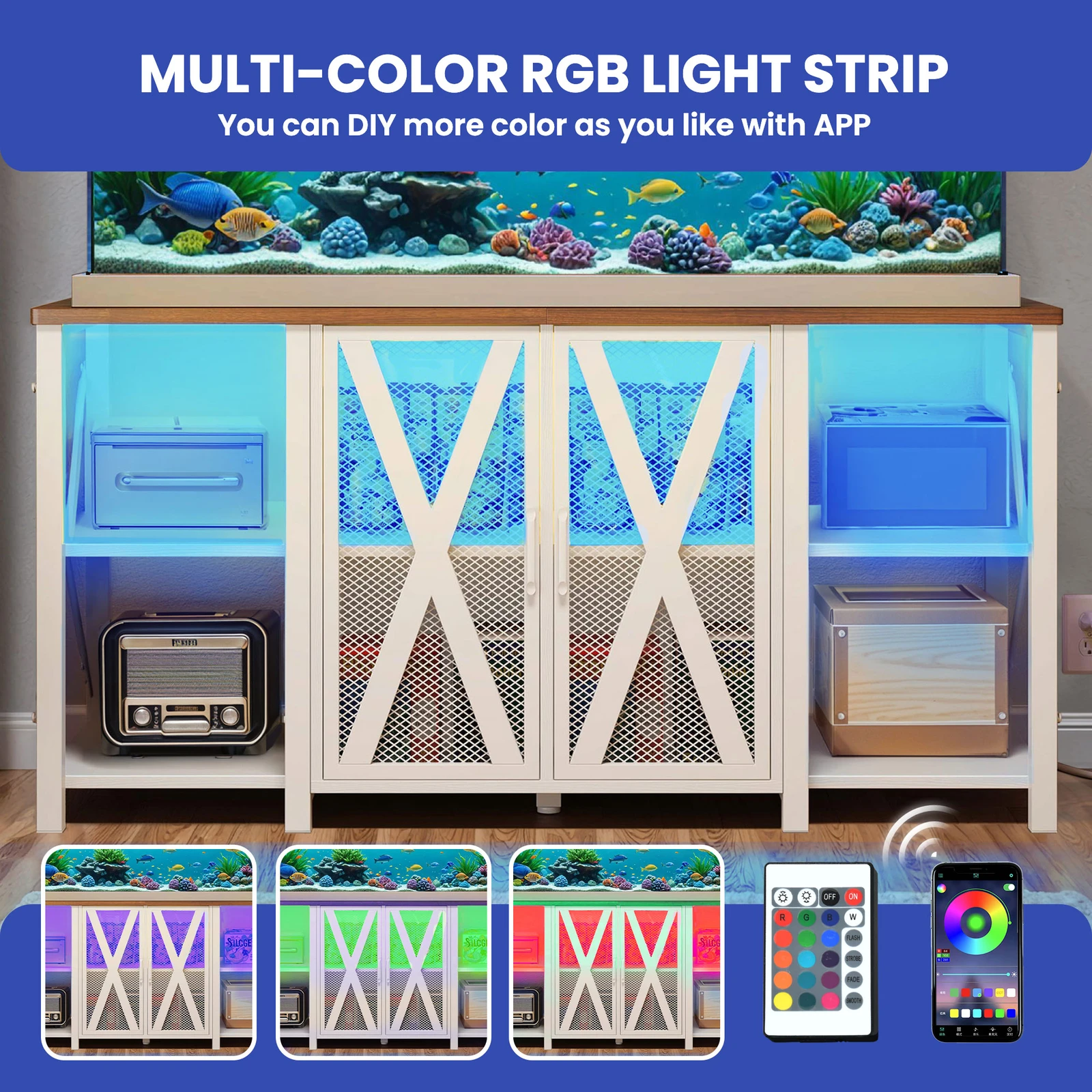 

120 Gallon Aquarium Stand Reptile Fish Tank Cabinet w/ LED Light & Power Outlets