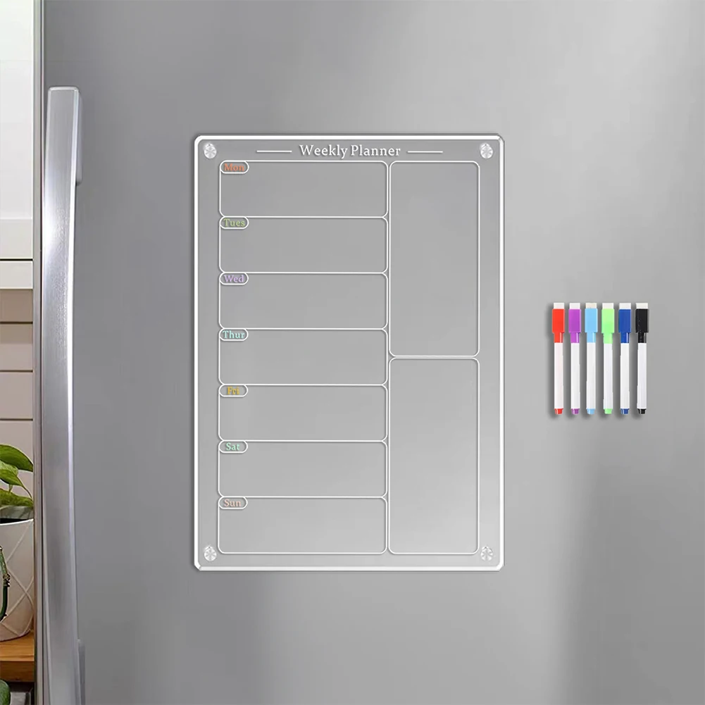 Acrylic Magnetic Calendar 7.8x11.7 In Magnetic Menu Board Reusable Clear Planner Board with 6 Color Pens for Refrigerator