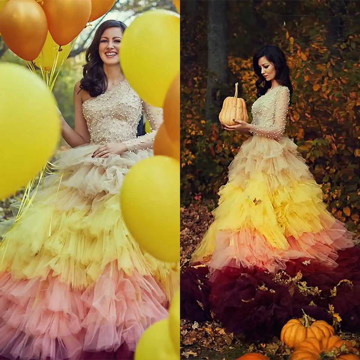 Lovely Ball Gown Wedding Dresses Pearls Colorful Tiered Pleat One Shoulder Backless Court Gown Bridal Customized Robe De Mariée
