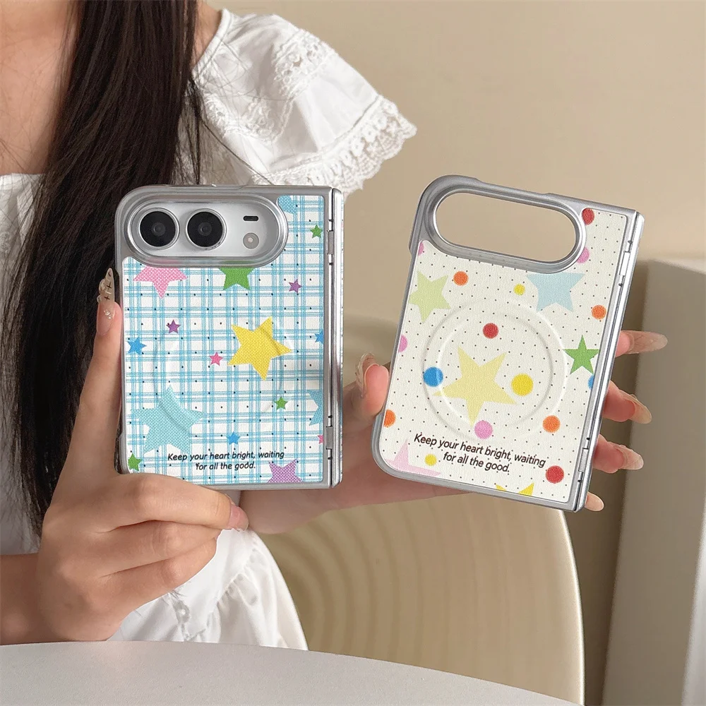 Korea Fashion Cute Colorful Star Grid Dot Magnetic Rotating Bracket Phone Case For iPhone Duo Kawaii Hard Protective Cover