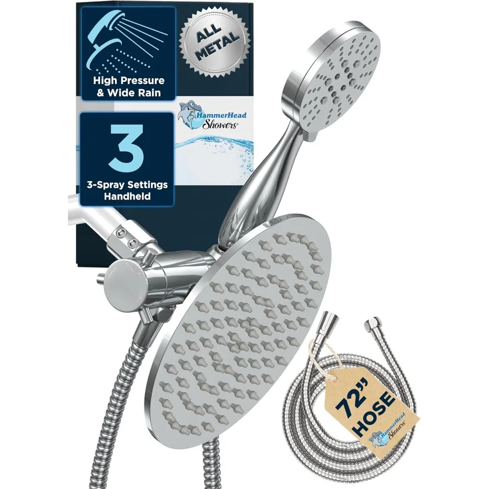 

ALL METAL Dual Shower Head Combo – CHROME – 8 Inch Rainfall High Flow Shower Head & 3-Flow Handheld Shower