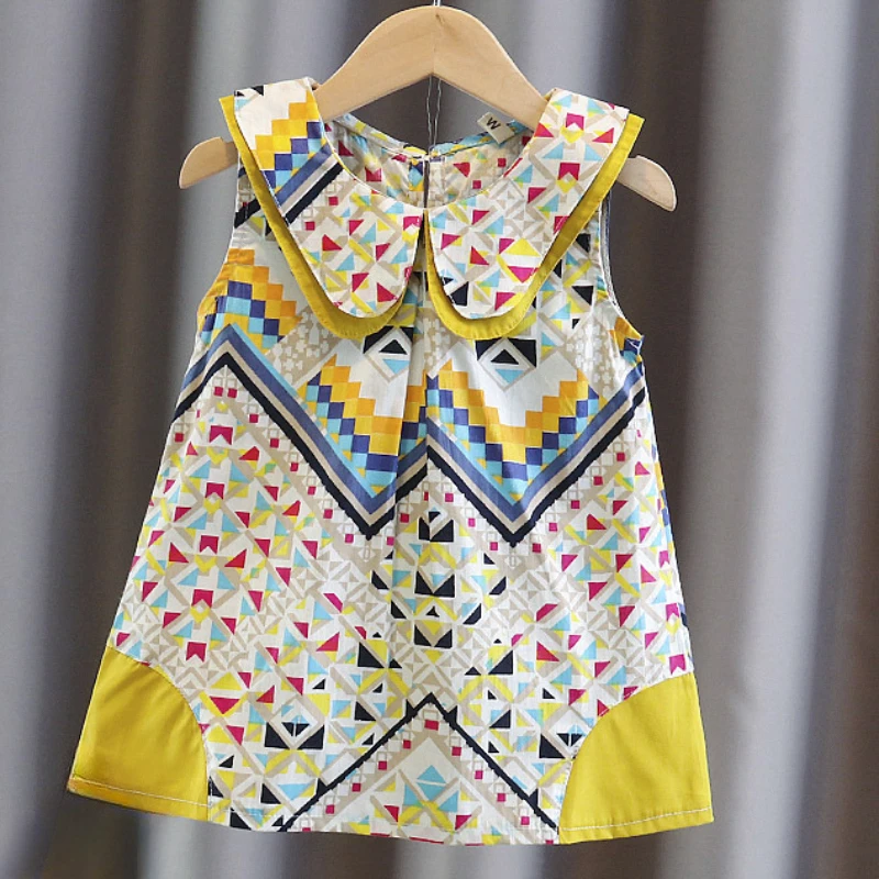 

Doll Neck Geometric Sleeveless A-line Skirt Children's Daily Party Clothes Birthday Gifts Summer Simple and Comfortable Dress