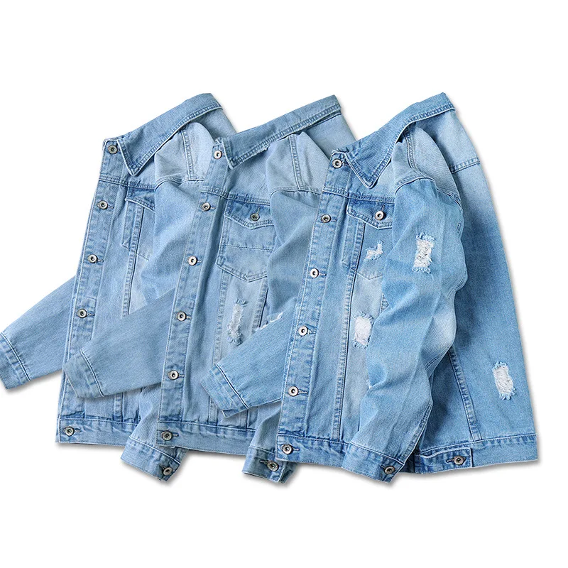 Denim Coat Men Coats Turn Down Collar Full Sleeve Jackets Single Breasted Slim Fit Distressed Hole Causal Vintage Y2k Streetwear