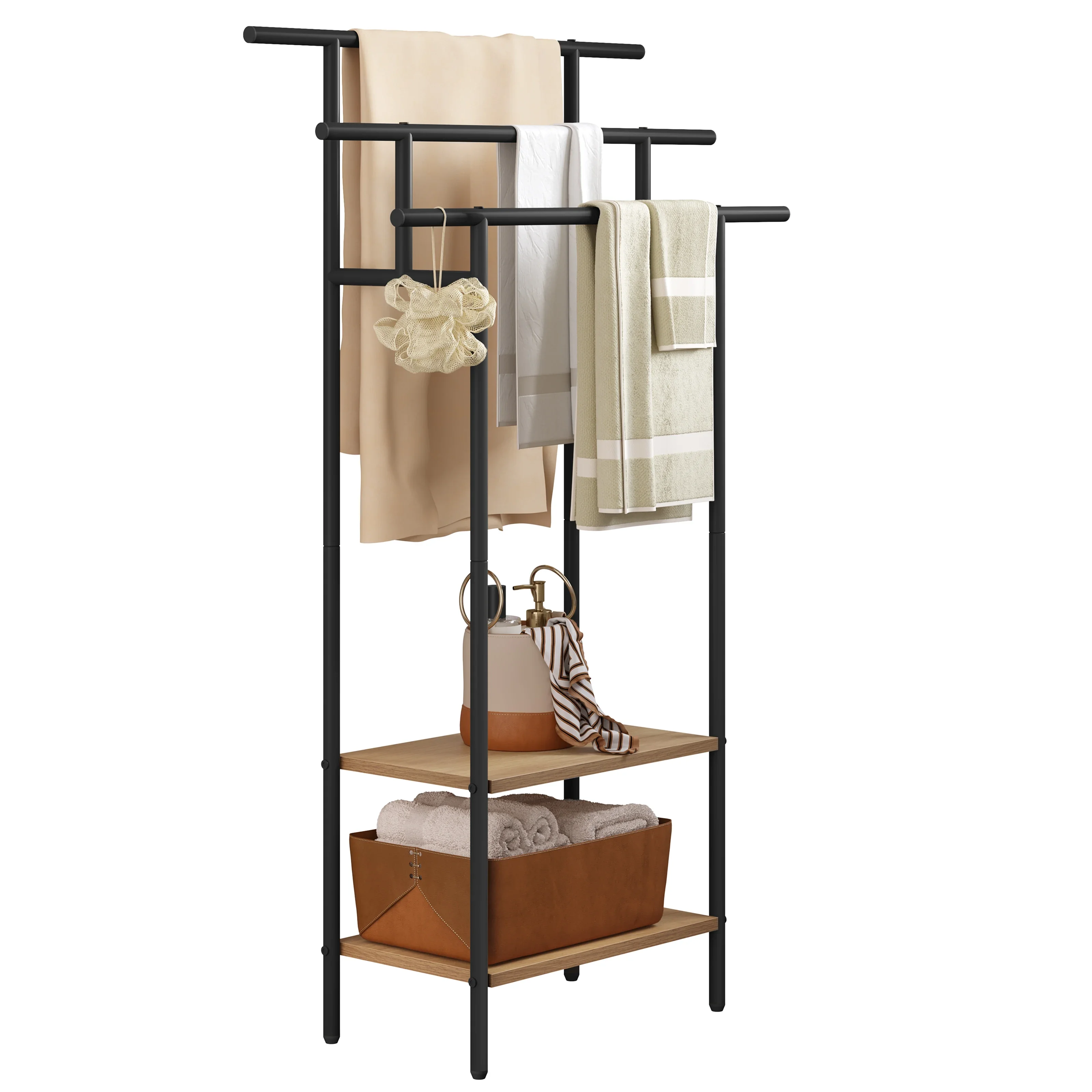 

Bathroom Towel Rack With 3 Bars Wooden Free Standing Towel Holder Clothes Rack Bathroom Accessories Bedroom Organizer 24x46x84cm