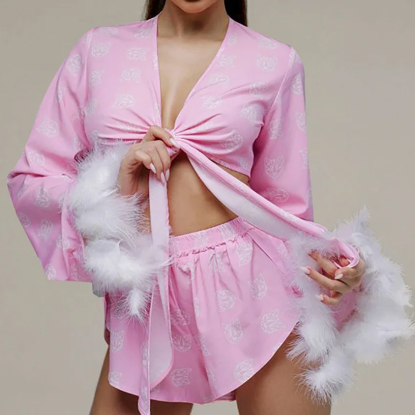 Women\'s Home Clothes 2023 Summer New Feather Trim Sexy Shorts Suit Pink Long Sleeve Shirts Top With Sorts Two Piece Set Outfits