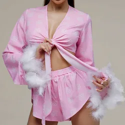 Women's Home Clothes 2023 Summer New Feather Trim Sexy Shorts Suit Pink Long Sleeve Shirts Top With Sorts Two Piece Set Outfits