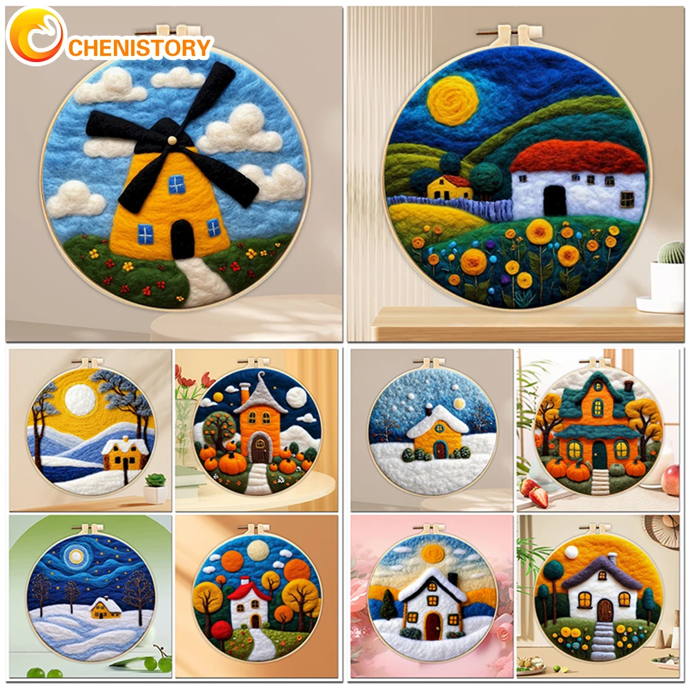 

CHENISTORY Wool Painting Kit Funny Wool Needle Felt House Scenery Picture Handmade Wool Needle Painting For Mom Friend Gift DIY