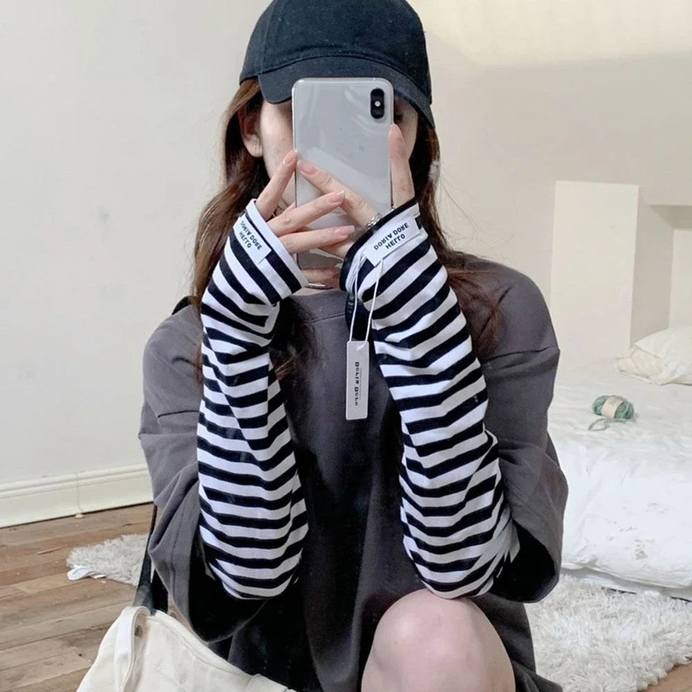 Ice Arm Sleeve Women Soft Loose Stripe Long Fingerless Korean Girls Sun Protection Driving Gloves Breathable Cool Sleeves 쿨토시