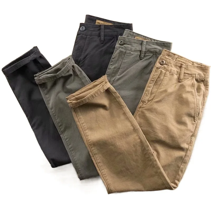 Mens Vintage American Heavyweight Washed Chino Trousers Loose Straight Leg Wear Resistant Work Pants Minimalist Urban Street Cas