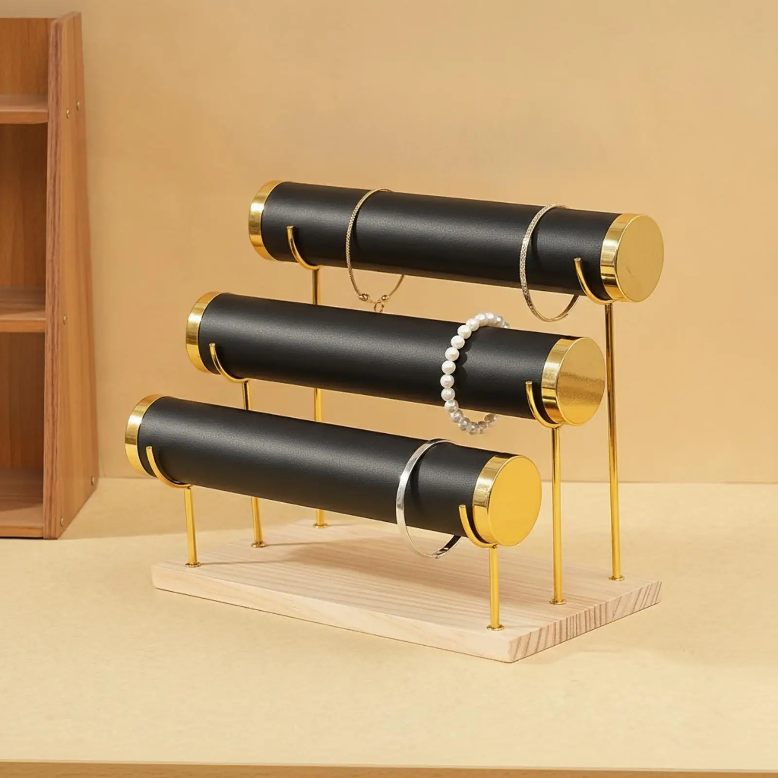 Bracelet Display Stand with Wood Base Gold-Tone Three-Tier Jewelry Display Rack Tiered Jewelry Organizer Stand Elegant