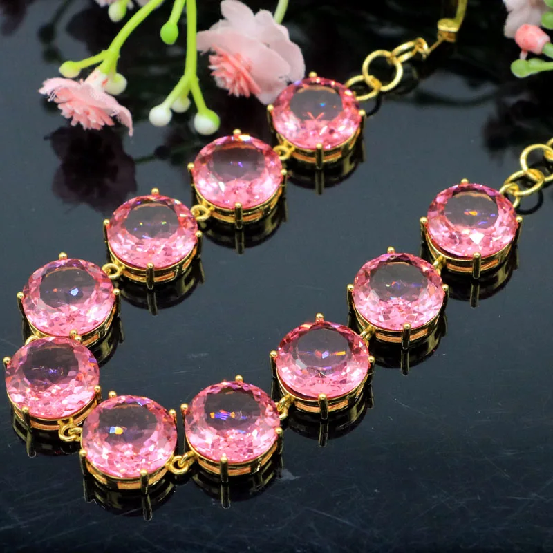 13x13mm Eye Catching Big Round Gemstone 13mm 24.5g Pink Morganite Woman's Dating Silver Bracelet 6-8.0inch