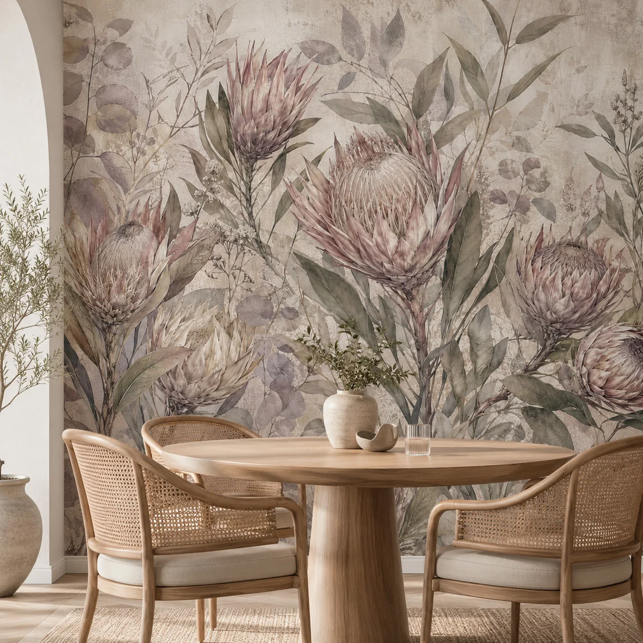 Vintage Protea Flower Wallpaper Mural Beige Purple Botanical Wall Art Dining Room Decor Non Self Adhesive Glue Required